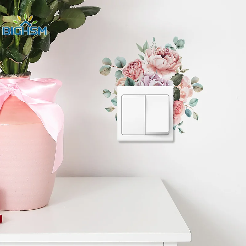 Pegatinas de interruptor de flores, hojas verdes, plantas, papel tapiz autoadhesivo, decoración del hogar