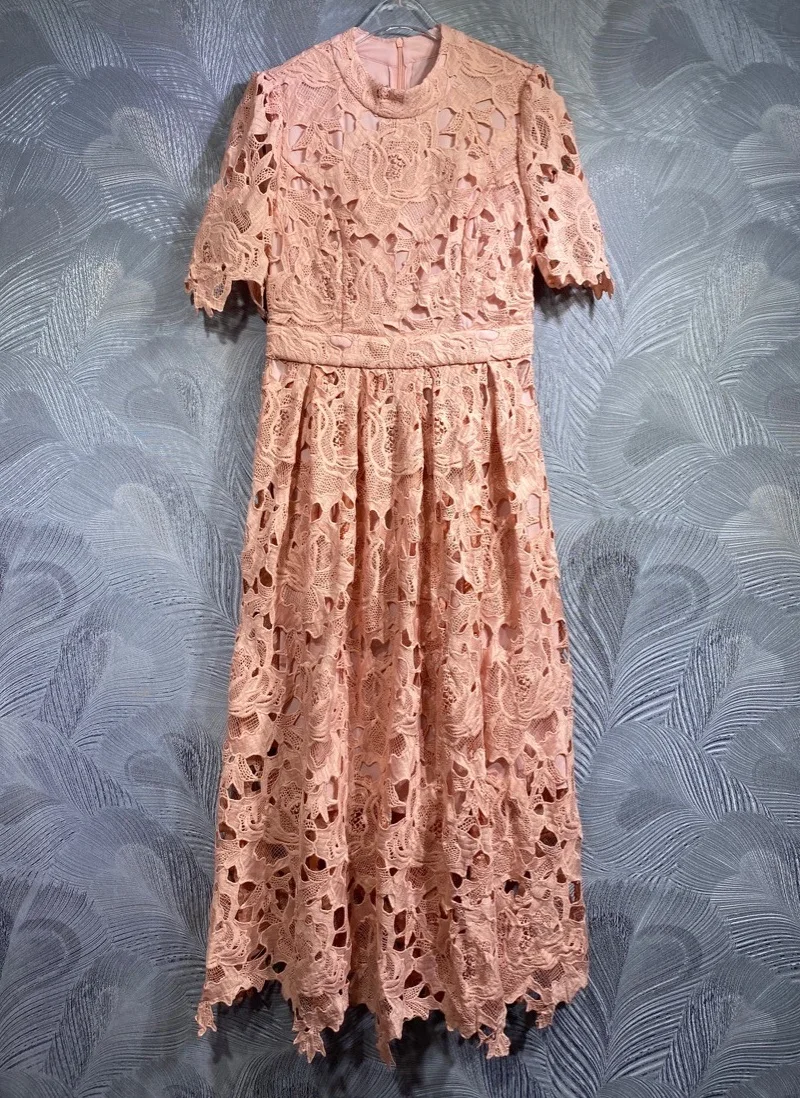 

Top Quality Lace Dress 2024 Summer Party Celebrity Women Allover Crochet Lace Embroidery Short Sleeve Midi Green Pink Dresses