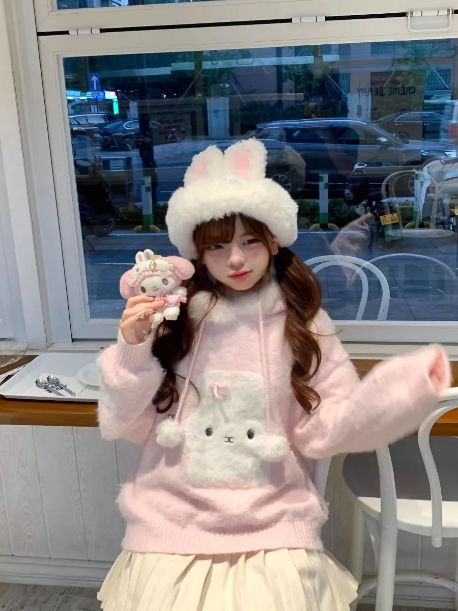 

Korean Sle Soft Plu Hooded Sweater Aosphere Design Lazy Versatile Fem Student Pink Sweater Long Sve Polyester Fiber