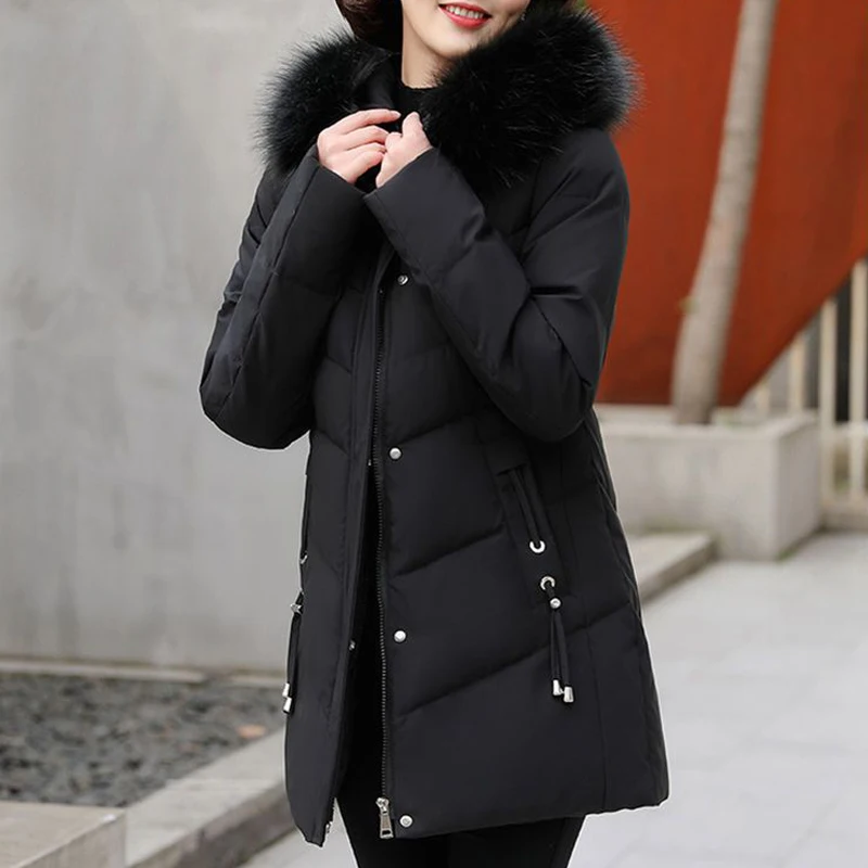 Women Korean Fashion Fur Collar Down Cotton Quilted Coat Winter Ladies Solid Long Sleeve Warm Padded Parkas Loose Hooded Jackets