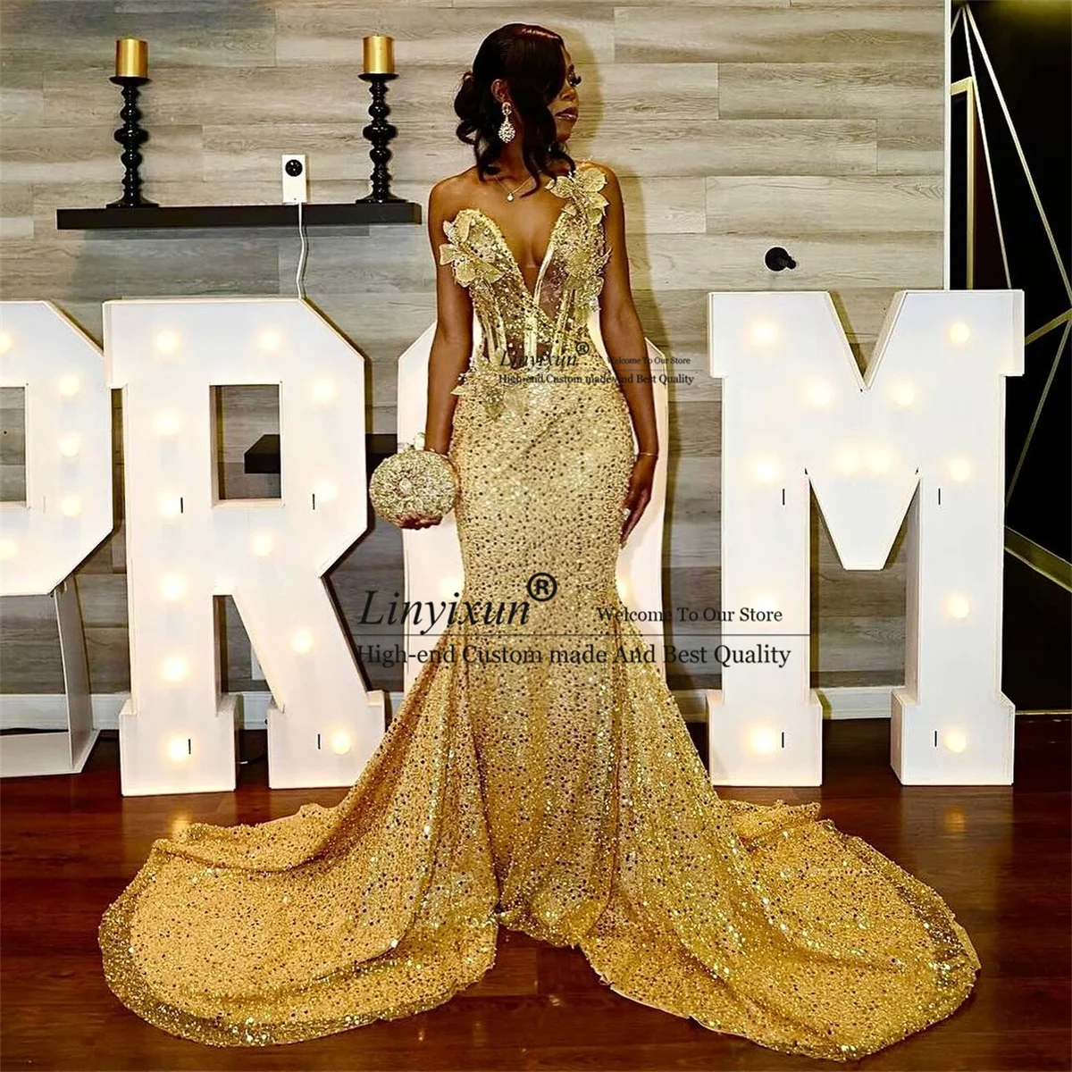 Glitter Gold Sequins Mermaid Prom Dress 3D Flowers Beaded Evening Party Gown Court Train Black Girls Birthday Robe De Soiree