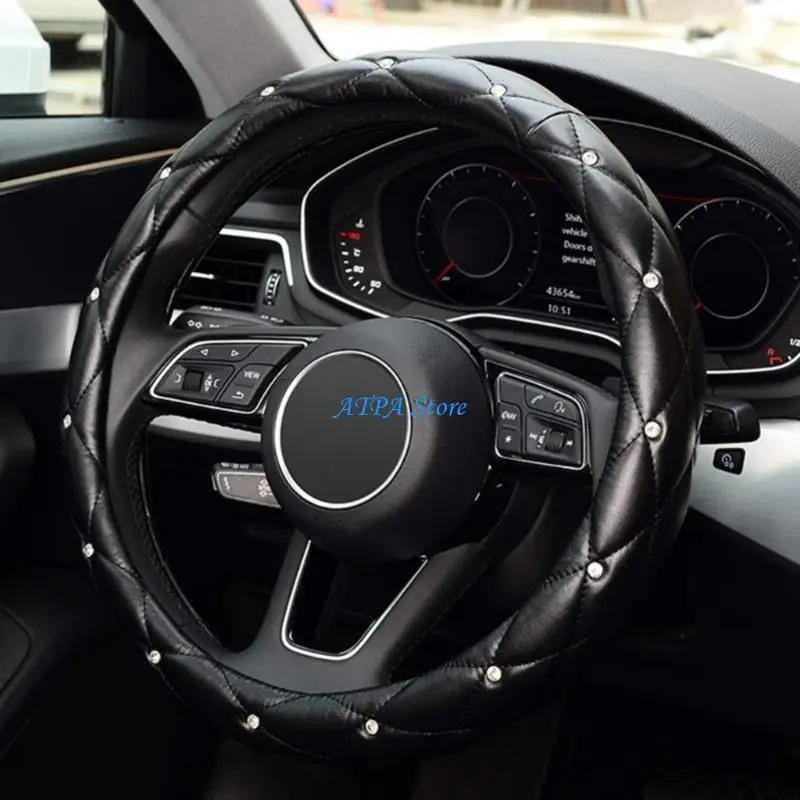

U13C Premium Leather Steering Wheel Cover Rhinestones Embellished Nonslip for Car