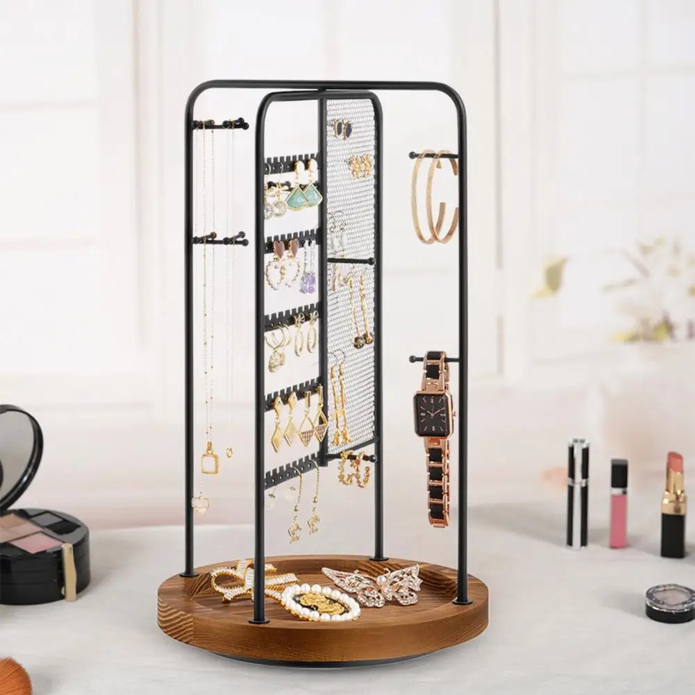 Necklace Organizer Swivel Rack 360-degree Rotating Jewelry Display Stand with Wooden Base Multi-layer Metal Necklace Earring