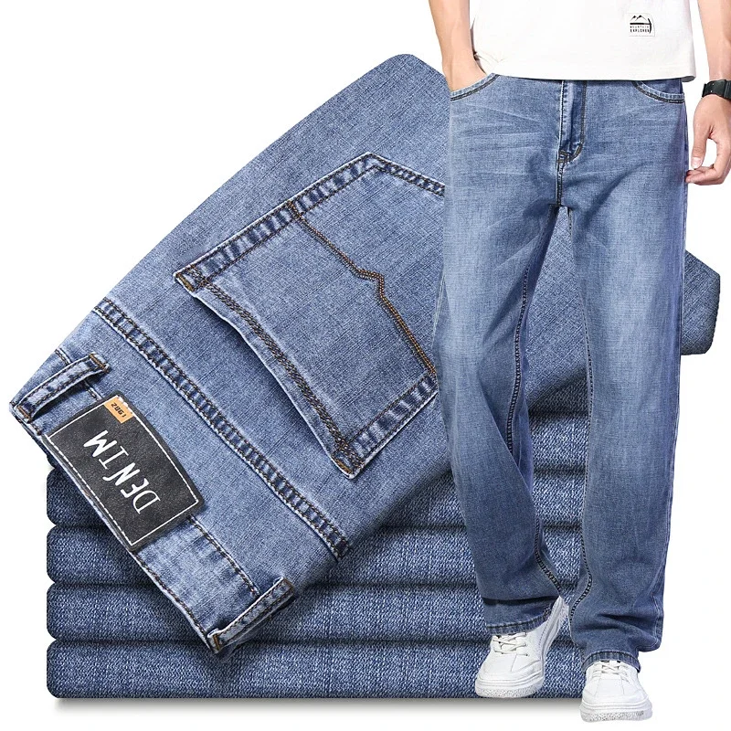 

2025 Male Brand Pants Spring Autumn New Men Blue Straight Jeans Loose Straight Advanced Stretch Business Smart Casual Trousers