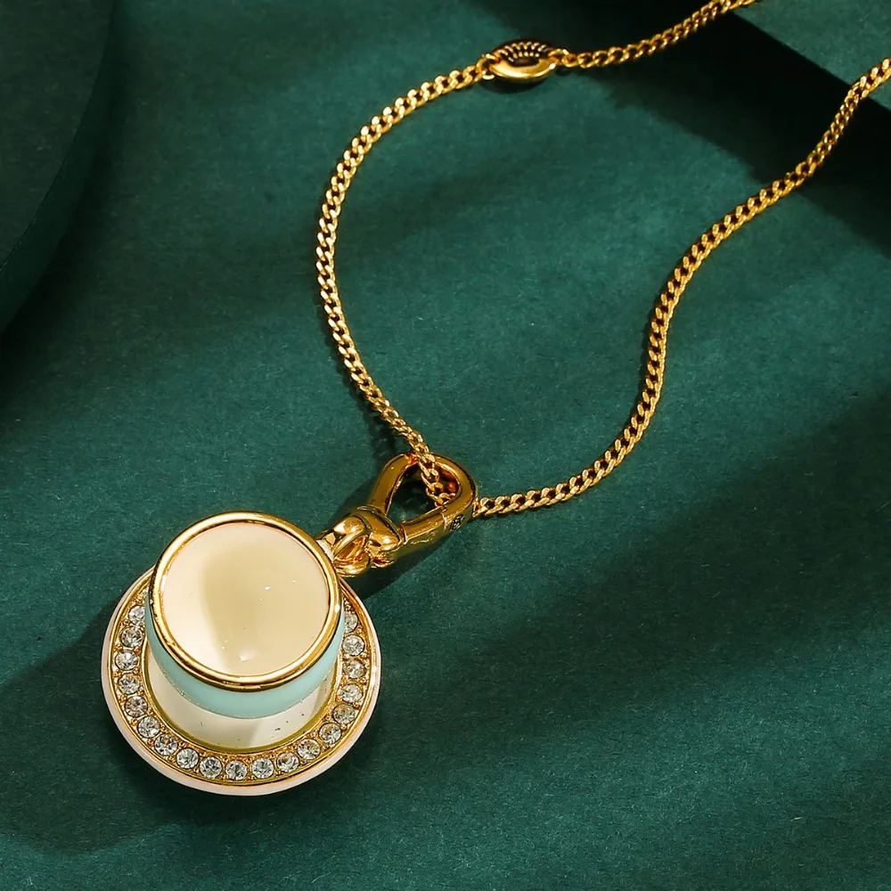 All Match Simple Elegant Enamel Three Dimensional Blue Teacup Pendant Necklace Copper Gold Plated Jewelry For Women Girls