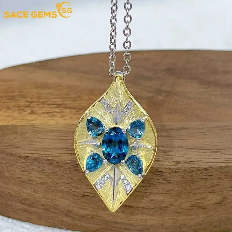 

SACE GEMS Luxury 925 Sterling Silver 5*7MM Natual London Blue Topaz Pendant Necklace for Women Cocktail Party Fine Jewelry Gift