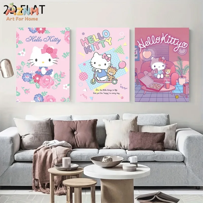 AZNM Unframed Canvas Wall Art Hello Kitty Floral Scooter Home Leisure Scene Sanrio Cartoon Poster Pink Tone Print Girls Bedroom