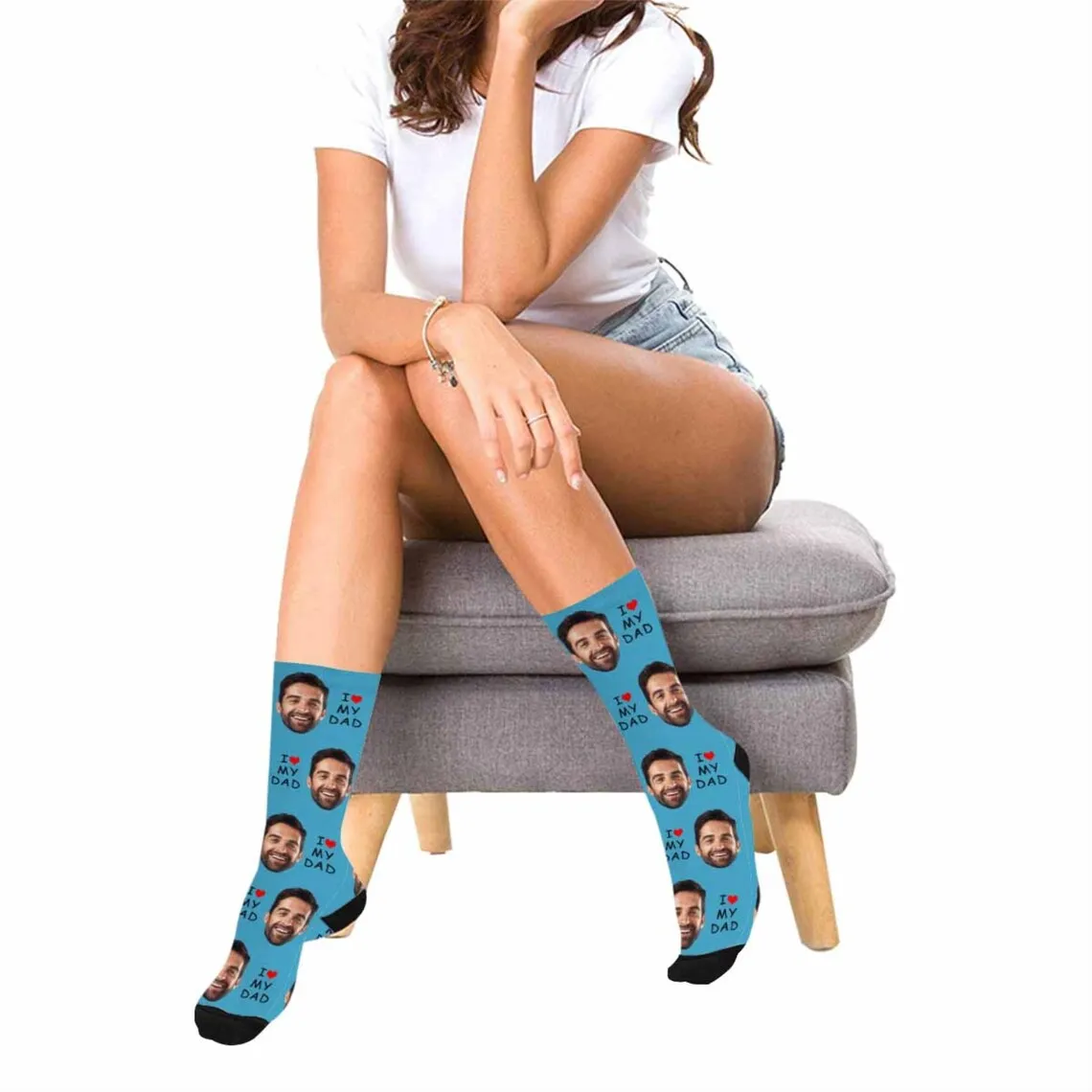 Chaussettes longues personnalisées pour hommes et femmes, texte personnalisé, amour, Image, imprimées en 3D, avec visage, cadeau de fête des pères