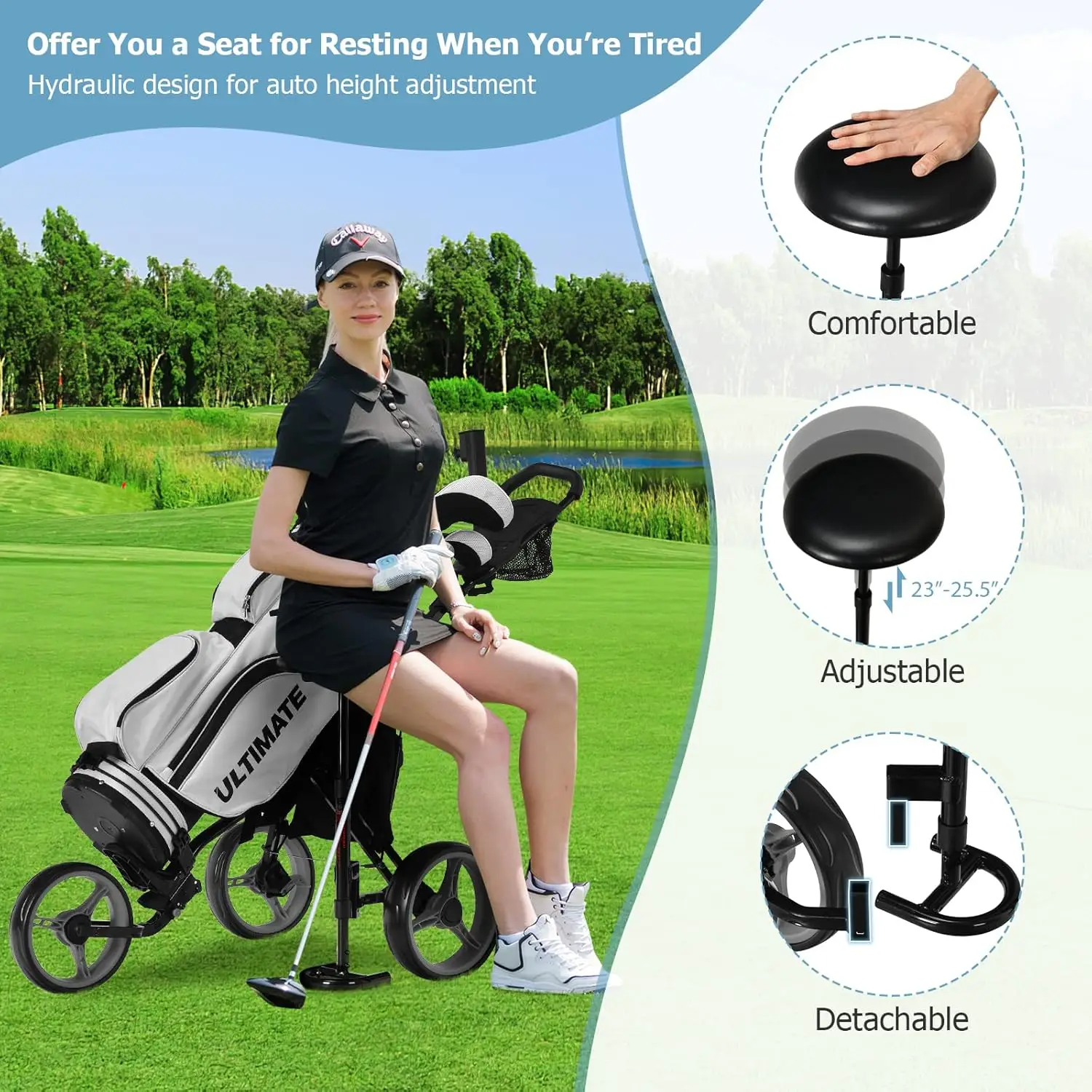 Golf Push Pull Cart with Seat, Lightweight Foldable Collapsible 3 Wheels Golf Push Cart, Golf Trolley with Foot Brake,