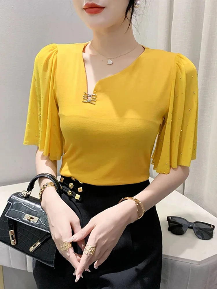 

Winsleter Women Sexy Thin V Necks Solid Beaded Slim Tops Summer European Clothes Tshirt Short Ruffle Sleeve Tees New 2023T35753M