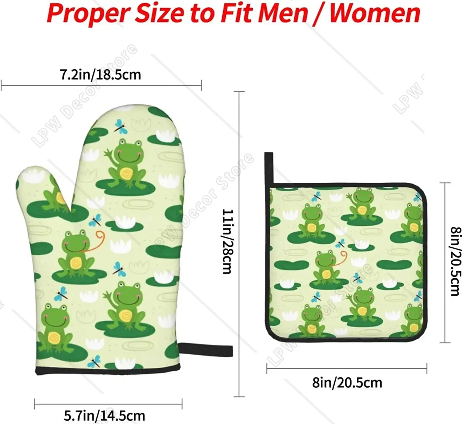 Cute Frog Funny Oven Mitts and Pot Holders Kitchen Counter Safe Mats for Chef Baking Cooking Grilling BBQ Mittens 4 Pieces Set