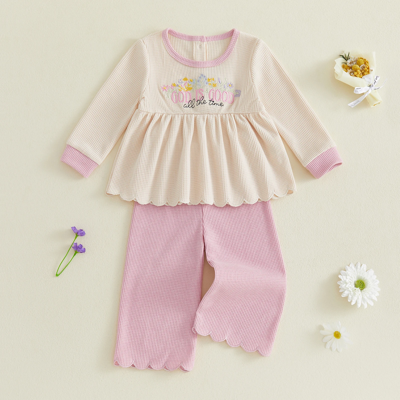 1-5Y Toddler Girls Fall Waffle Outfits Flower Embroidery Long Sleeve T shirt Tops Pants Set Kids Autumn Clothes Set