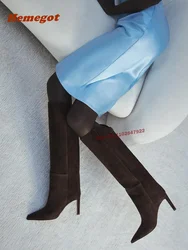 Women's Pointed Toe Knee High Boots Stiletto Heels Brown Slip On Winter Shoes for Female Casual Runway Shoes Luxury Boots Solid