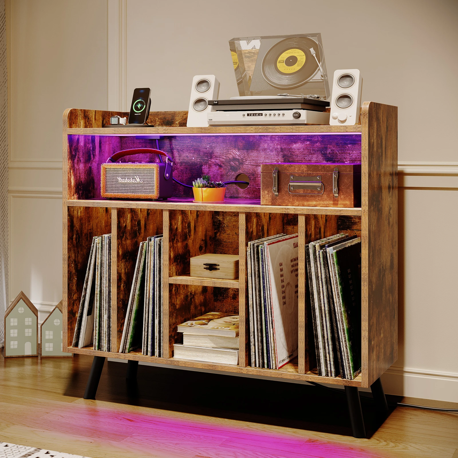 

Record Player Stand Display Table Turntable Stand with Power Outlets