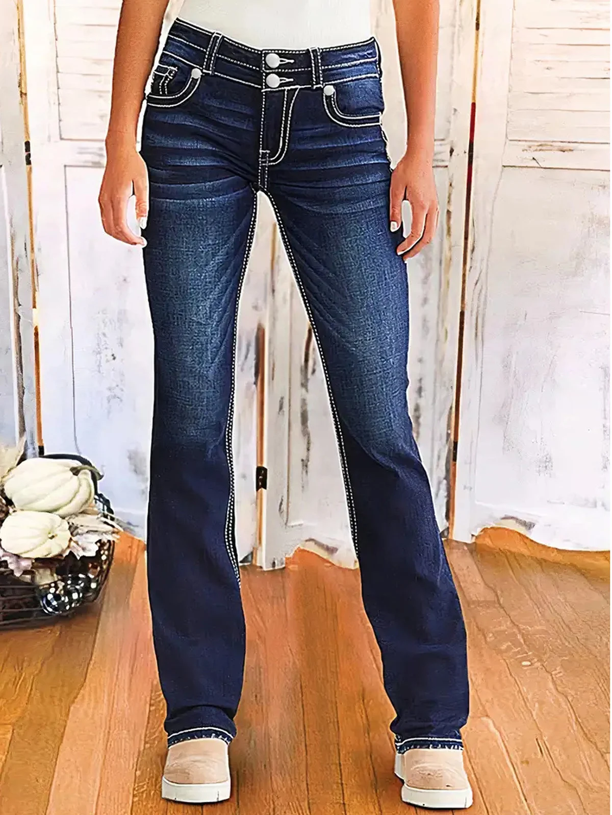 

Dressfo 2025 Women's Pants Contrast Topstitching Leaf Embroidery Double Buttons Zip Fly Jeans Vintage Long Pants