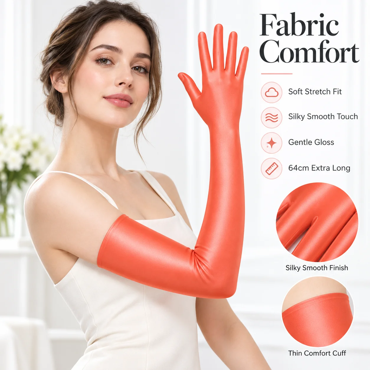 64cm Extra Long Opera Gloves for Women, Glossy Stretch Full Finger Gloves, Silky Smooth Arm Length Gloves for Wedding Party Cosp