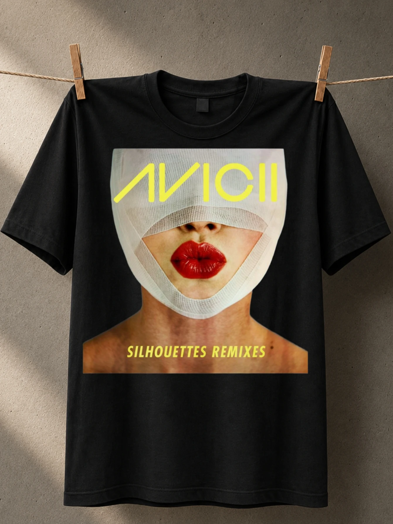 Avicii Silhouettes Remixes ed lips portrait with yellow logo text and sk electronic remix mood  Unisex All T-Shirt