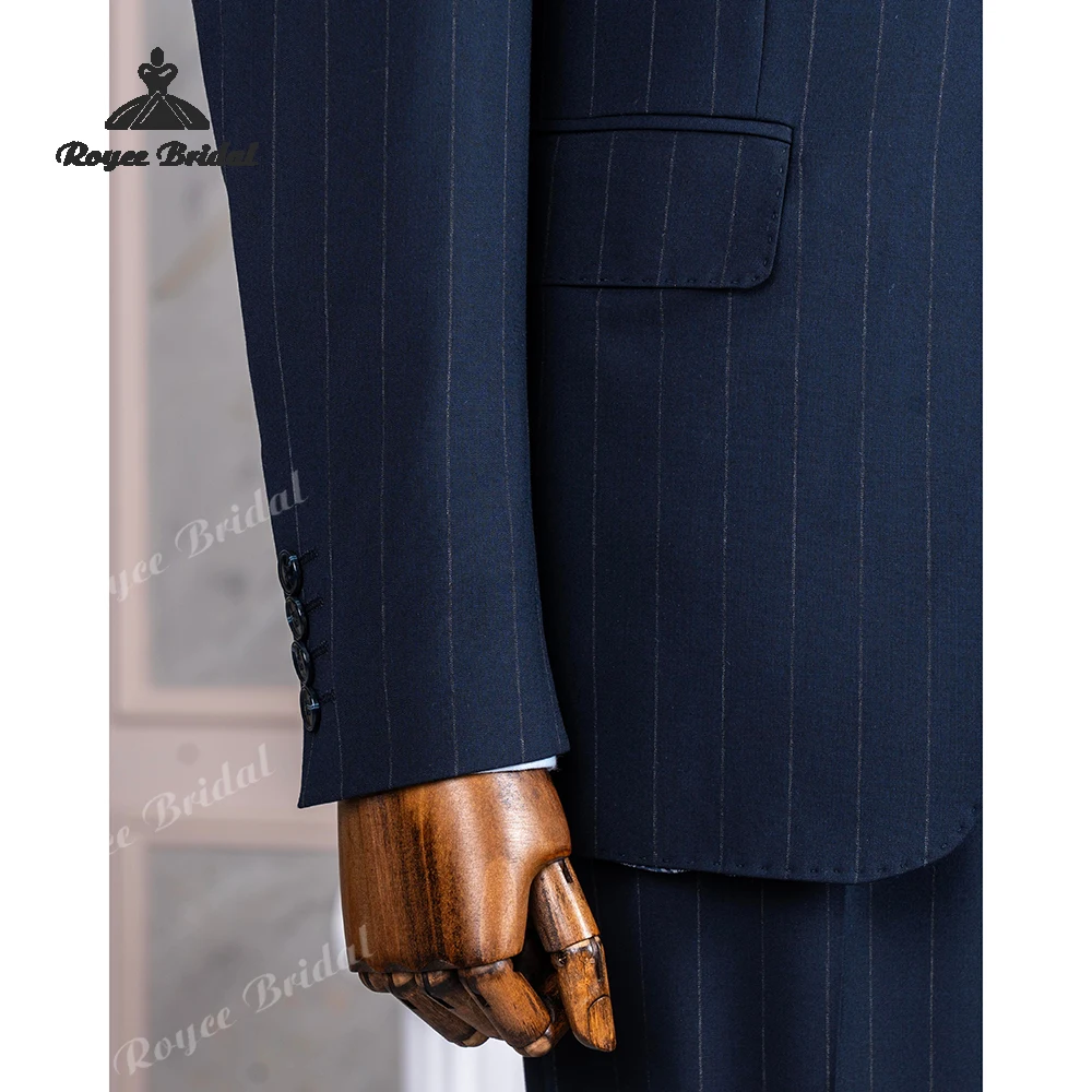 Abito da uomo in due pezzi con risvolto a punta a righe blu navy Matrimonio 2026 Abito da ballo da sera monopetto personalizzato trajes para hombre