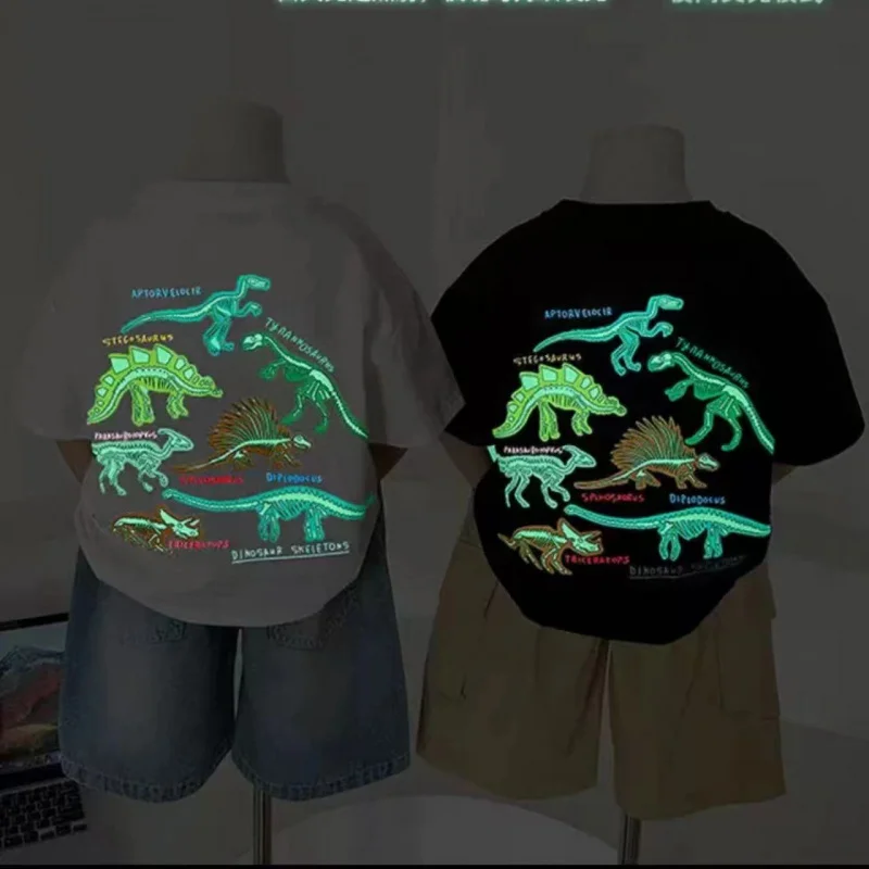 Children's Short Sleeve2024Summer New Children's Clothing Boy Cartoon LuminousTShirt Baby Western Style All-Match Top image 3