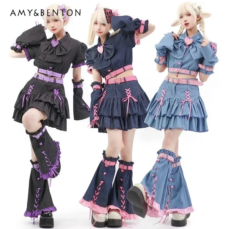 

Y2k Style Sweet Cool Hot Girl Asian Culture Sweet Tie-Neck Bow Denim Shirt Removable Sleeve Top Ruffled Cake Pleated Skirt Set