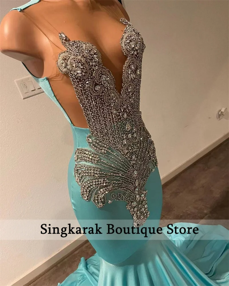 Luxury Diamonds Blue Long Prom Dress Crystal Rhinestone Bead Birthday Party Dress Wedding Reception Gown Robe De Bal Customized 