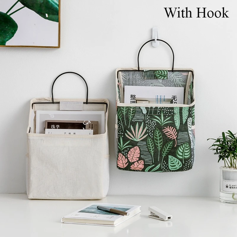 

Linen Cloth Hanging Storage Bags Organizer Wall-Mounted Storage Bag Book Magazine Phone Holder Door Wall Storage Bag With Hook
