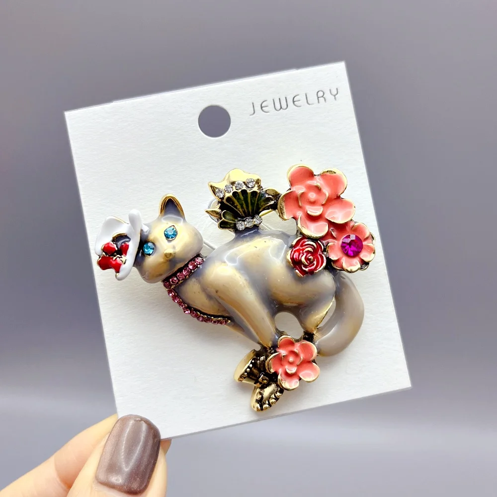 Vintage Brooch Pins Cat Wearing Flower Hat Sitting on Flowerbasket Women Jewelry Accessory Gift