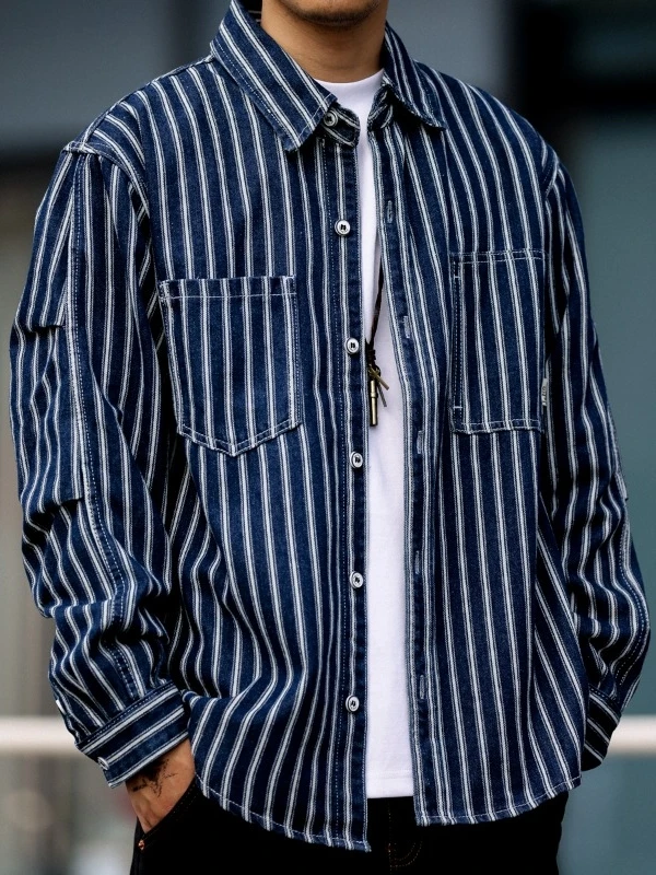 

Retro Waed Striped Long Sve Men's Denim irt Loose American Workwear Jaet Spring Autumn Versatile Trendy Collared irt