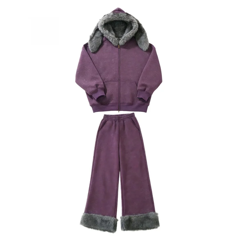 

UNXU Women's Plu Rabbit Ear ape Purple Star Hoodie Sweatirt Set Casual High Waist Long Pants Two-Piece Suit