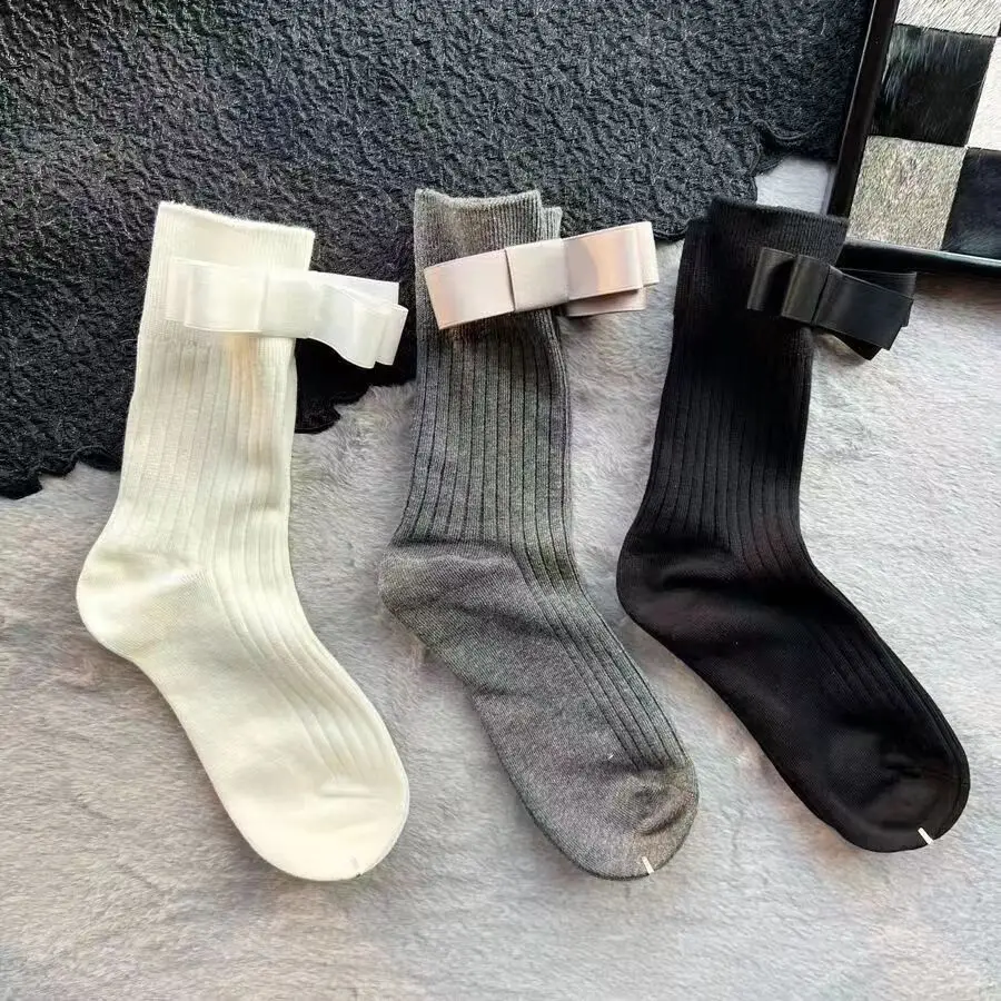 Women's Stockings Spring Summer Trends Casual Preppy Style Knee High Socks Female HQ Cotton Solid Color Bow Long Calf Sock Comfy
