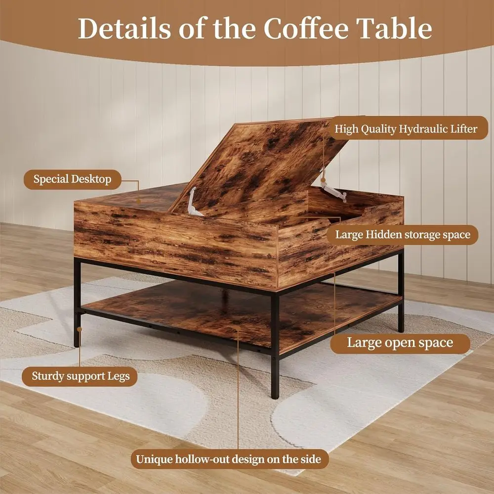 طاولة قهوة مربعة حديثة مع مساحة تخزين قابلة للطي وأرفف لغرفة المعيشة، تتطلب التجميع #3