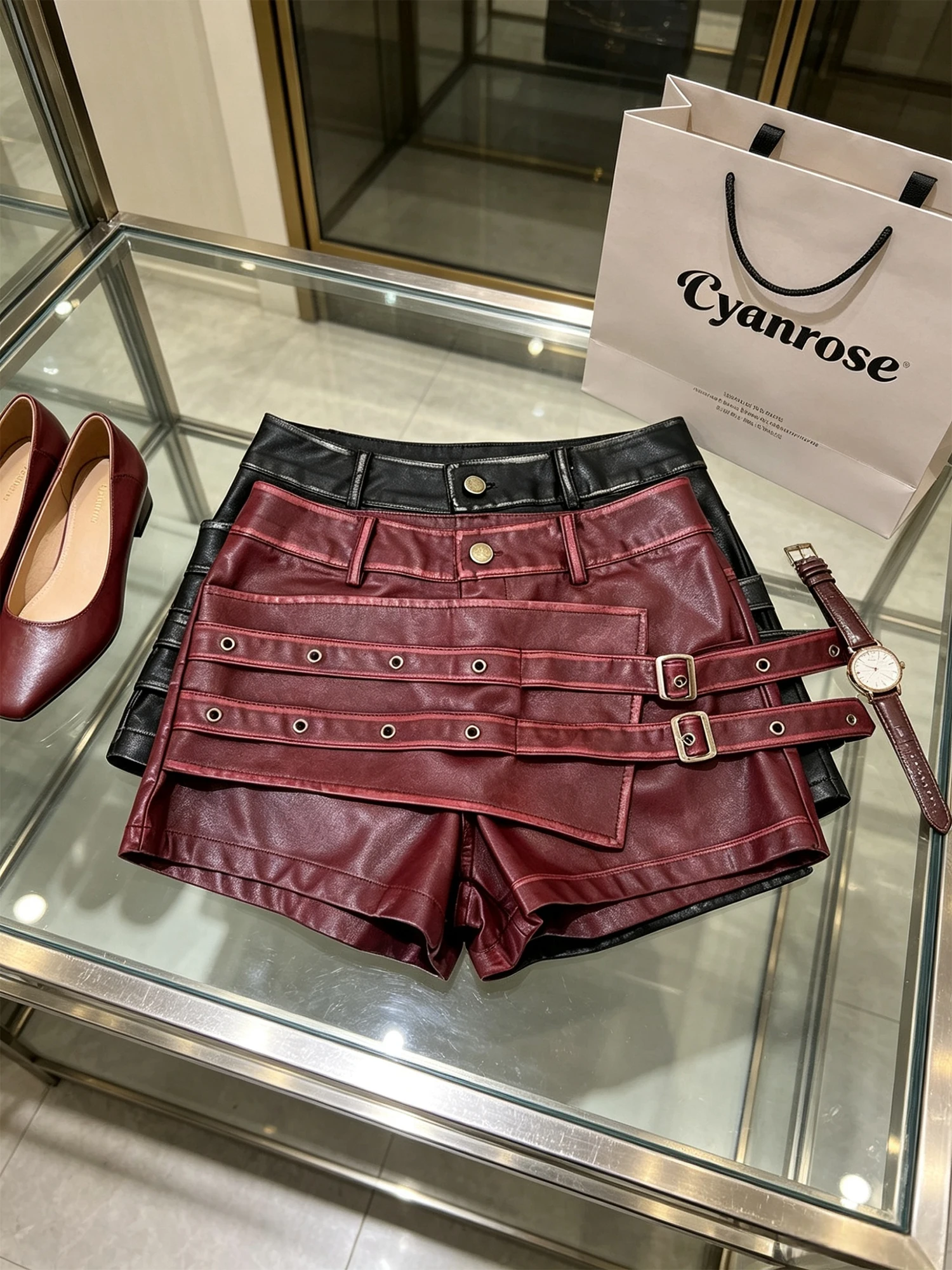 Women Burgundy Mini Shorts High Waist PU Leather Short Pants Retro American Y2k Gyaru Punk Gothic Wide Leg Hot Pants Summer 2026
