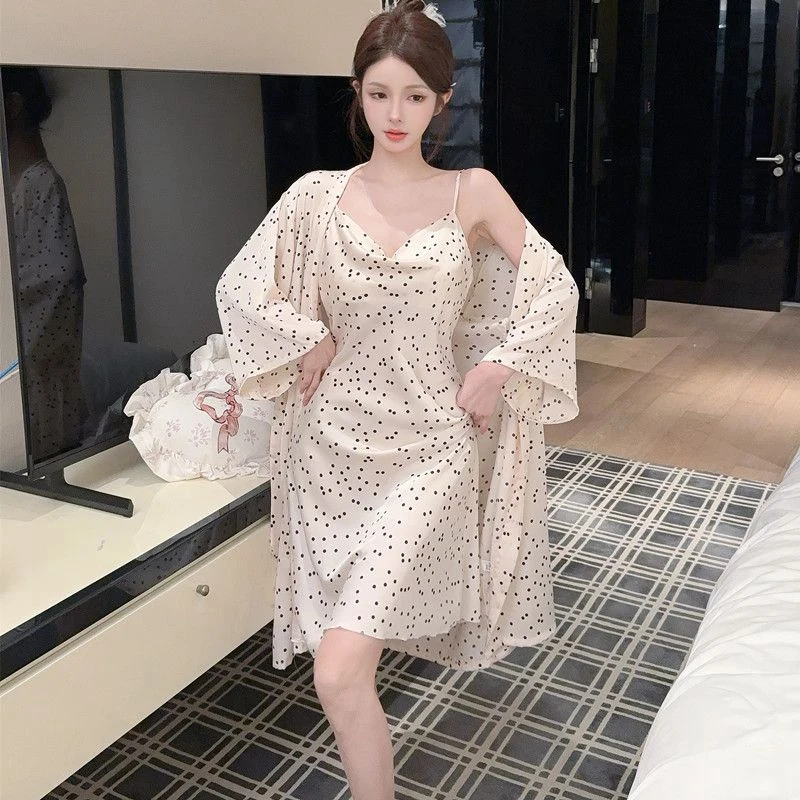 

2026 Summer 2PCS Sexy Lace Lingerie Silk Satin Print Nightgowns Robes Sets For Women Bathrobes Sleepwear Nightdress Night Dress