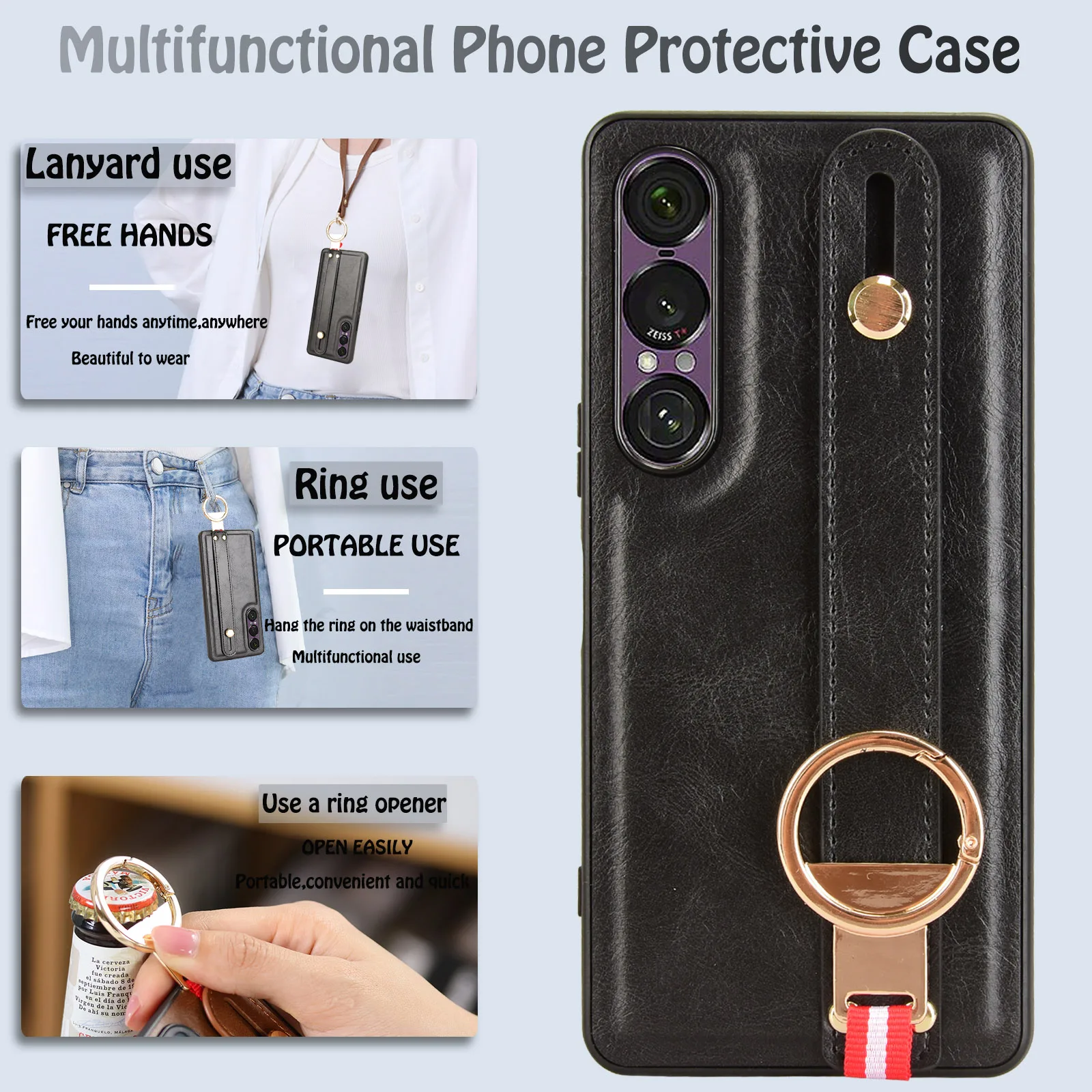 

Luxury Wristband Leather Stand Case for Sony Xperia 1 Ⅲ IV Ⅴ VI VII Cover With Ring Opener