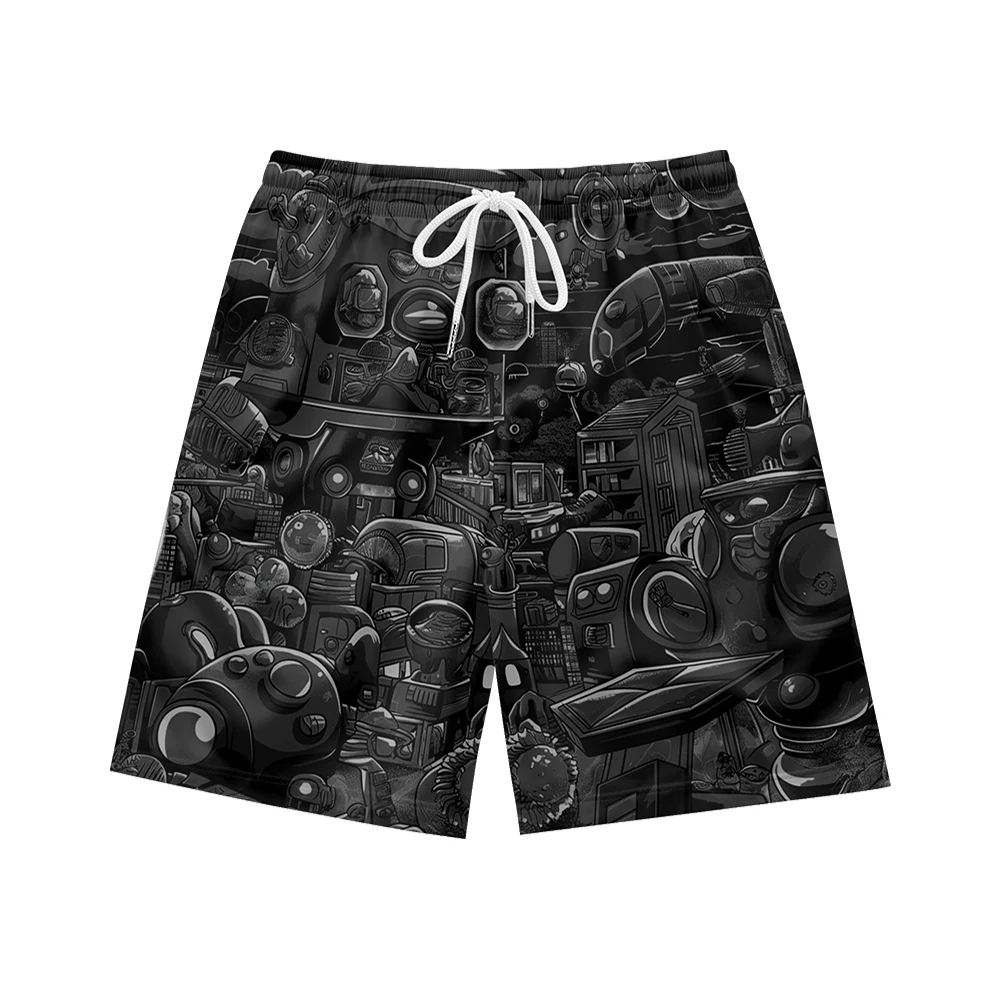 Optimistic theme mechanical pattern printing, personalized fashion, casual trend, summer men's drawstring beach sports shorts