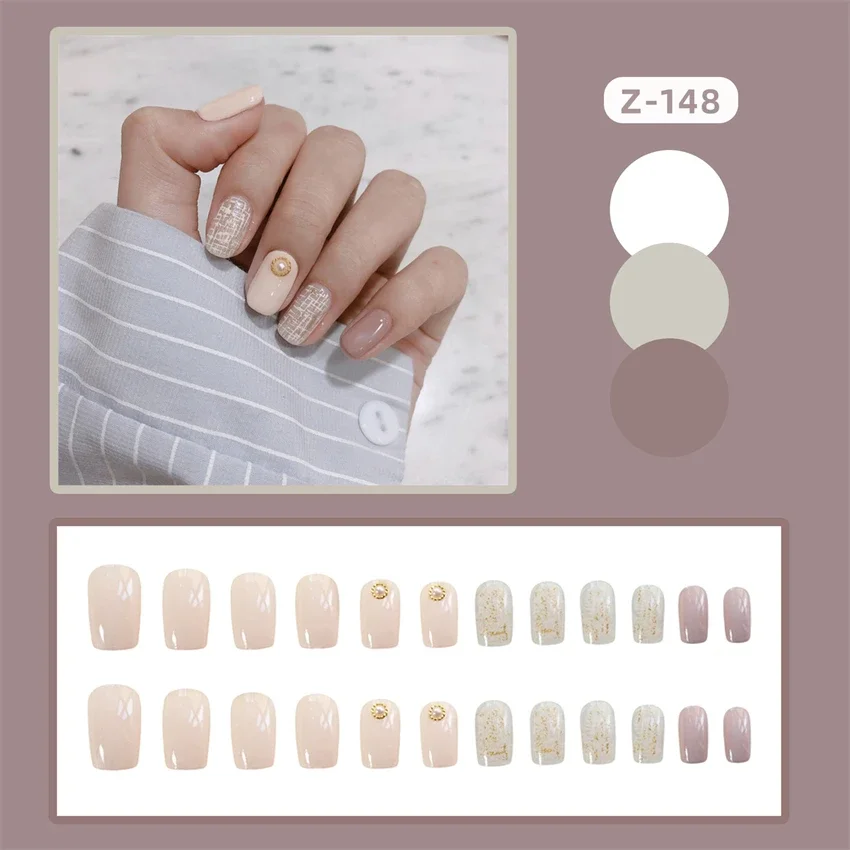 

24Pcs/Se Simple Pearl Fake Nail Tips Pieces French Handmade Adhesive Wearing False Nails Full Coverage Short Press on Nail Art