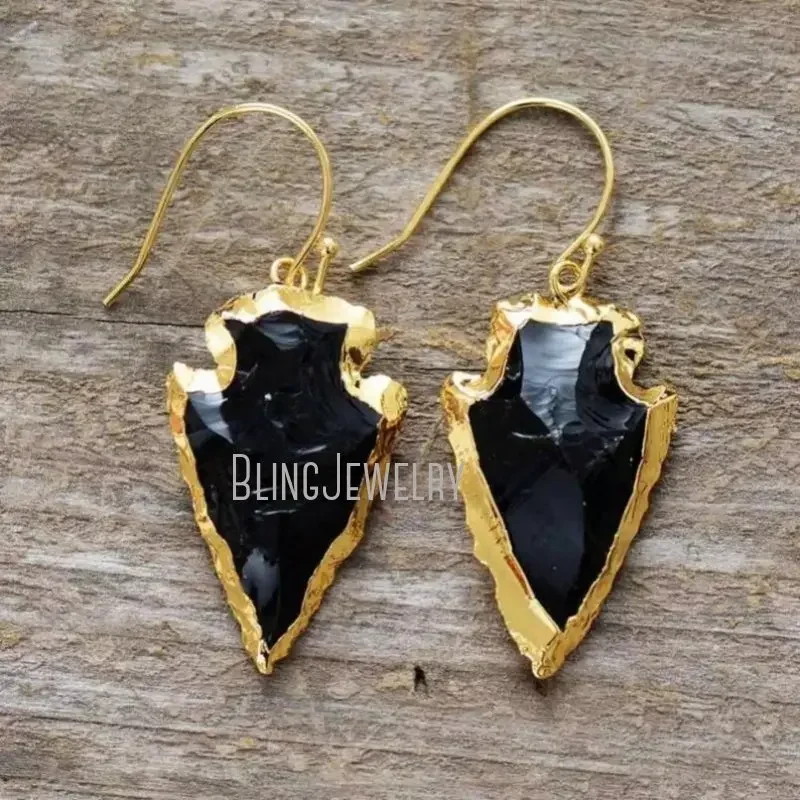 10Pairs Black Onyx Drop Earrings for Women Obsidian Stone Arrowhead Boho Jewelry Boho Pendiente De Acero Inoxidable