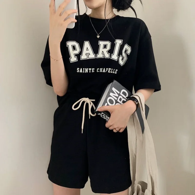 

Summer Women Letter Print Tracksuit 2023 Loose Shorts Two Piece Sets Female Casual O-neck Paris Tshirt Short Suit Womens Outfits