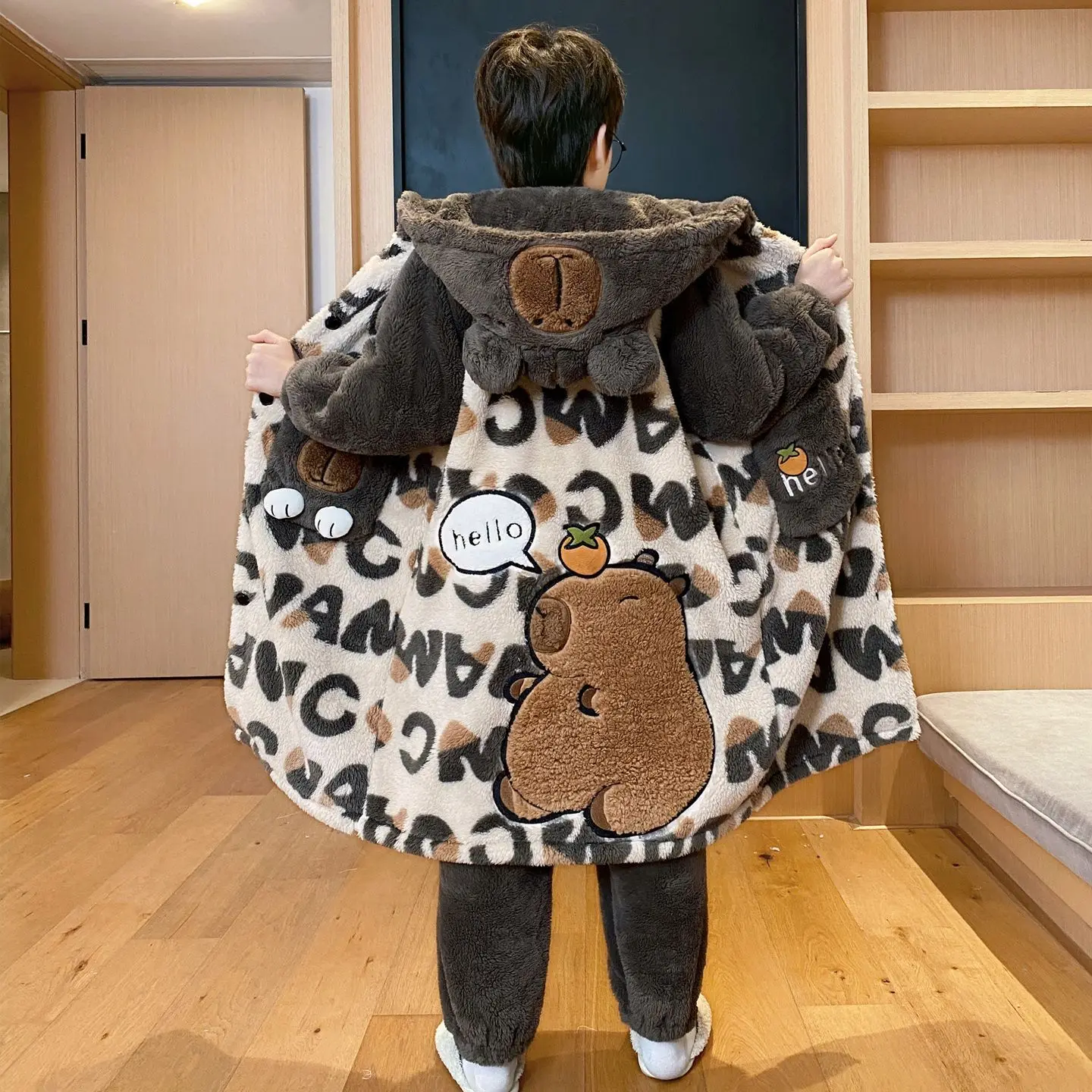 Boys Winter Warm Flannel Pajama Set Cute Cartoon Print Hooded Robe with Pants Thick Coral Sleepwear Kids Homewear Loungewear