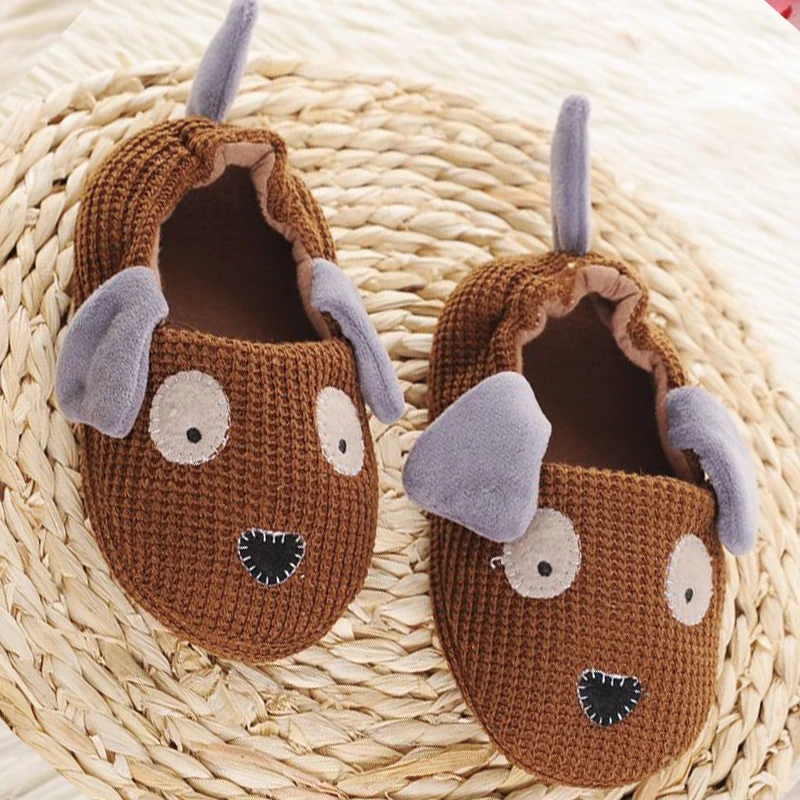 Toddler Boys Slippers for Kids Indoor Winter Cute Cartoon Dog Knitted Warm House Footwear Soft Rubber Sole Home Shoes Baby Items