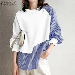 ZANZEA jesień kobiety z długim rękawem bluzy w paski bluzy Patchwork sweter moda O szyi nieregularne koszule wiosenna z kapturem Blusa