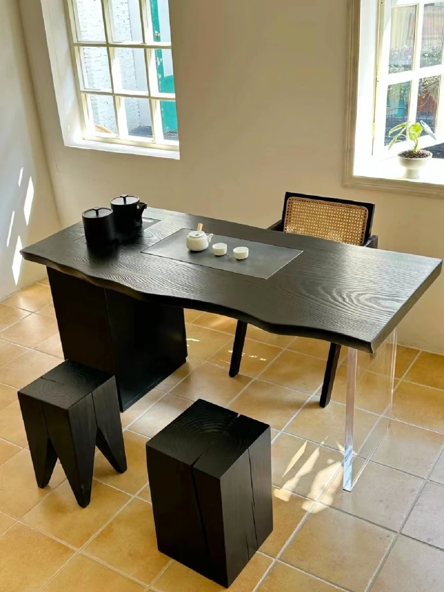 XL Solid Wood Tea Table Carbonized Black Acrylic Table Tea Table and Tea Tray Integrated Suspension Hidden Cabinet