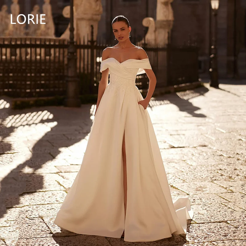 

LORIE Satin A-line Elegant Wedding Dress Side Split Bridal Gowns Backless Off Shoulder Wedding Gown Customized 2025