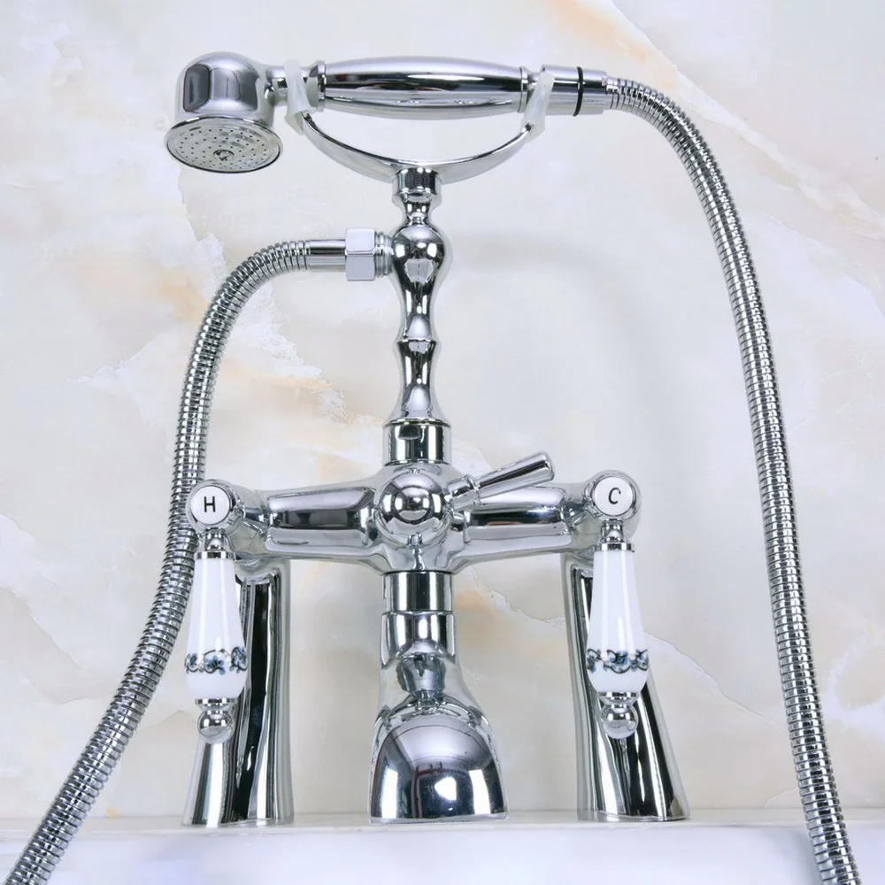 

Polished Chrome Brass Double Handle Deck Mount Bathroom Bath Tub Faucet Set with Hand Held Shower Spray Mixer Tap 2na113