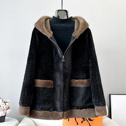 2023 Winter Women Faux Fur Warm Coat Synthetic Mink Fur Hooded Mid-Length Winter Jacket Parka JT3450