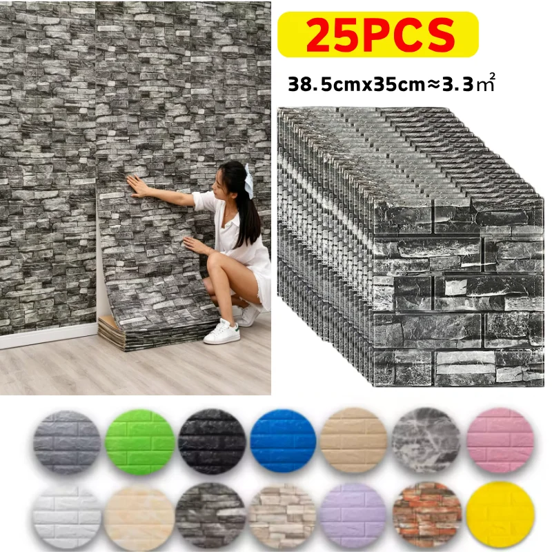 38.5cmx35cm 25 packs faux brick 3D wall decal self sticking dirt proof wallpaper for household tv wall living kitchen decoration