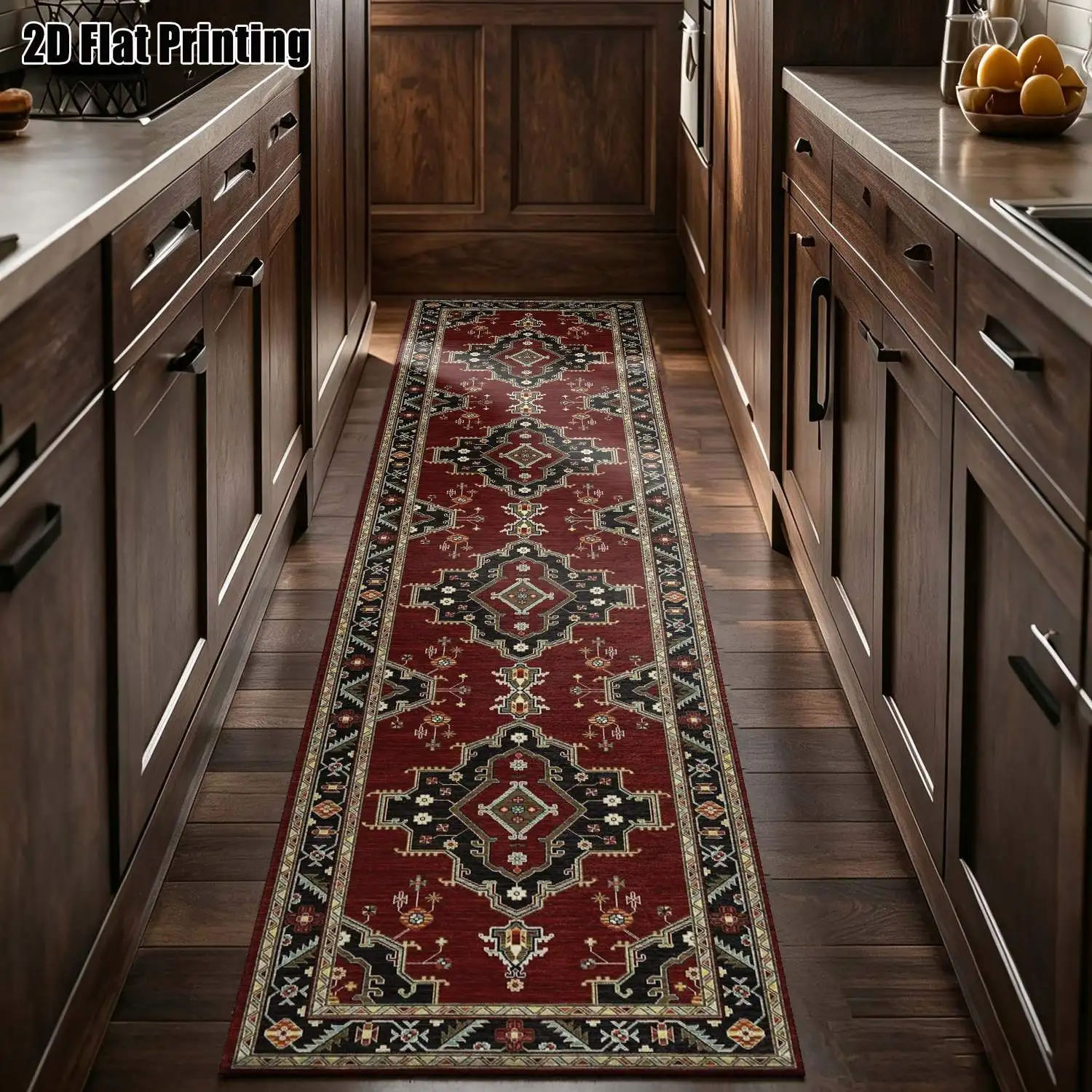 1Pc 2D Printed Burgundy Geometric Flower Long Strip Rug: Vintage, European, Bohemian Style, Machine Washable, Multi-Size, Home Decor for Entryway, Hallway, Living Room, Bedroom