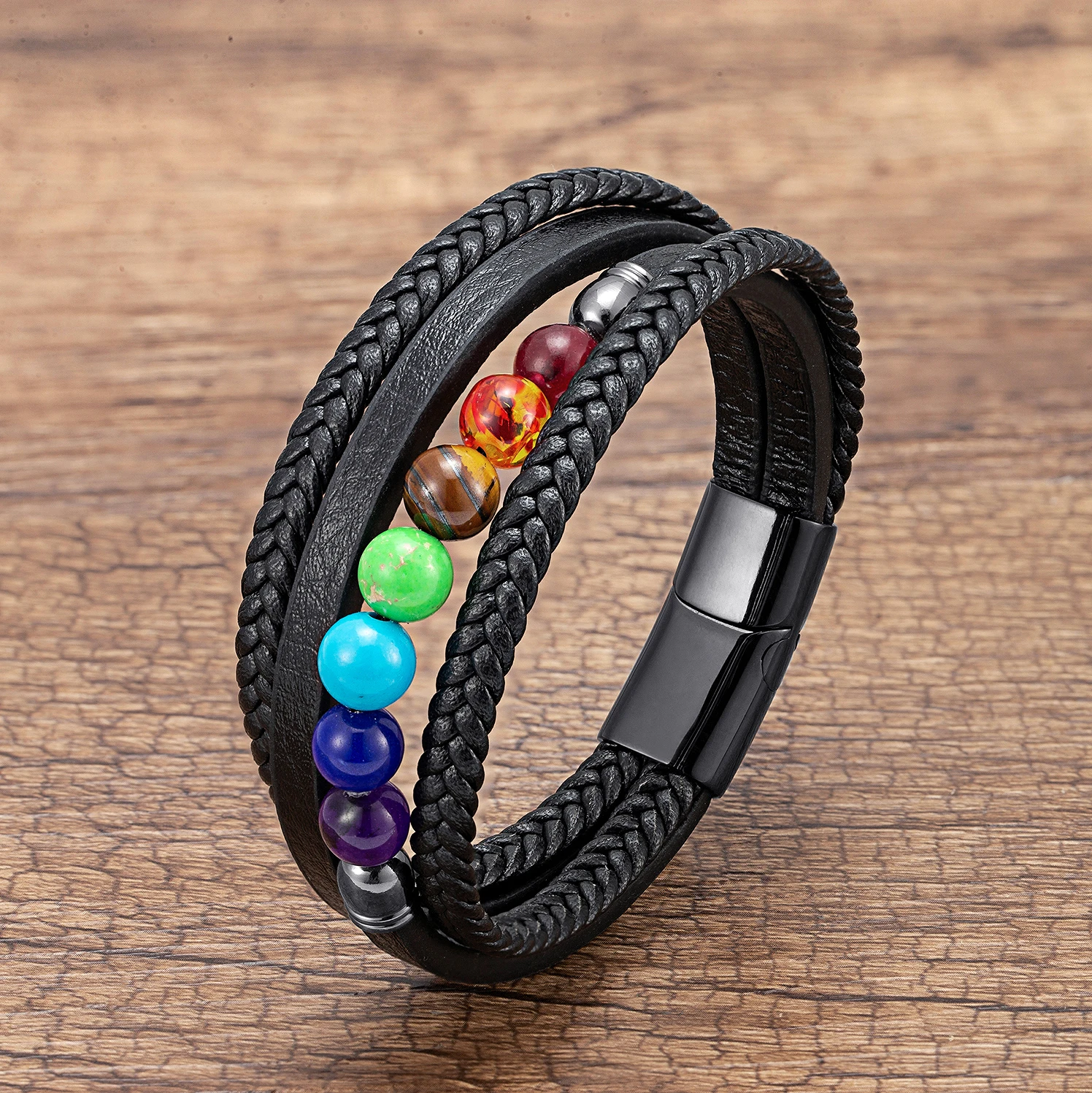 7 Chakra Natural Stone Handmade Braided Leather Bracelets Men Women Colorful Reiki Healing Beaded Charm Bracelet