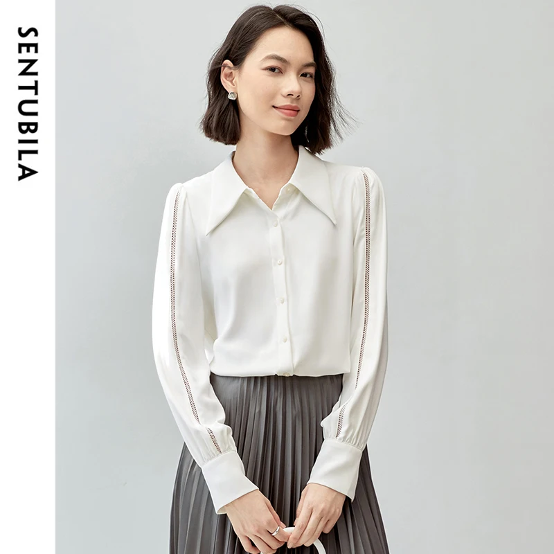 SENTUBILA Patchwork Hollow Out White Shirt for Women 2024 Autumn Straight POLO Neck Long Sleeve Office Lady Blouses 143C57366X