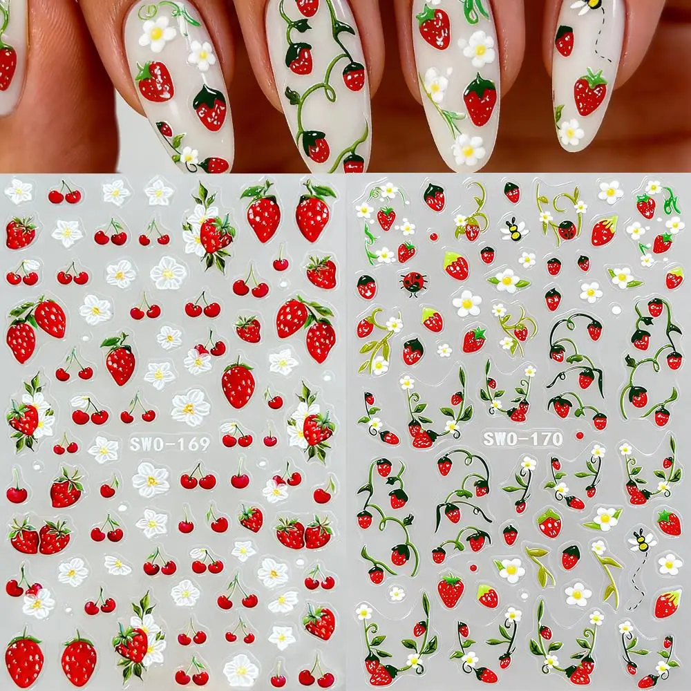 

1/2 шт. 5D объемные наклейки для ногтей с клубникой, вишней и ромашками, самоклеящиеся, красные фруктовые стикеры для летнего маникюра, слайдеры